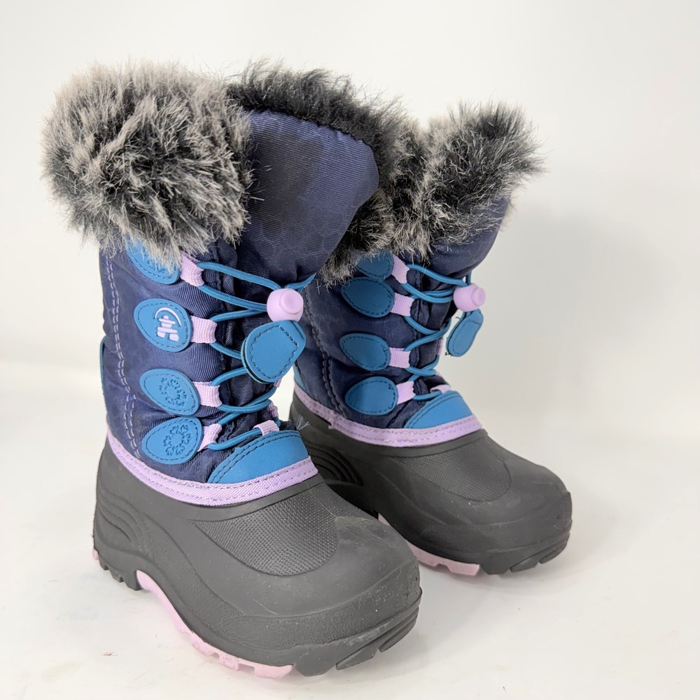 Kamik Kids Navy Blue Faux Fur Trim Waterproof Winter Snow Boots Bungee Toggle